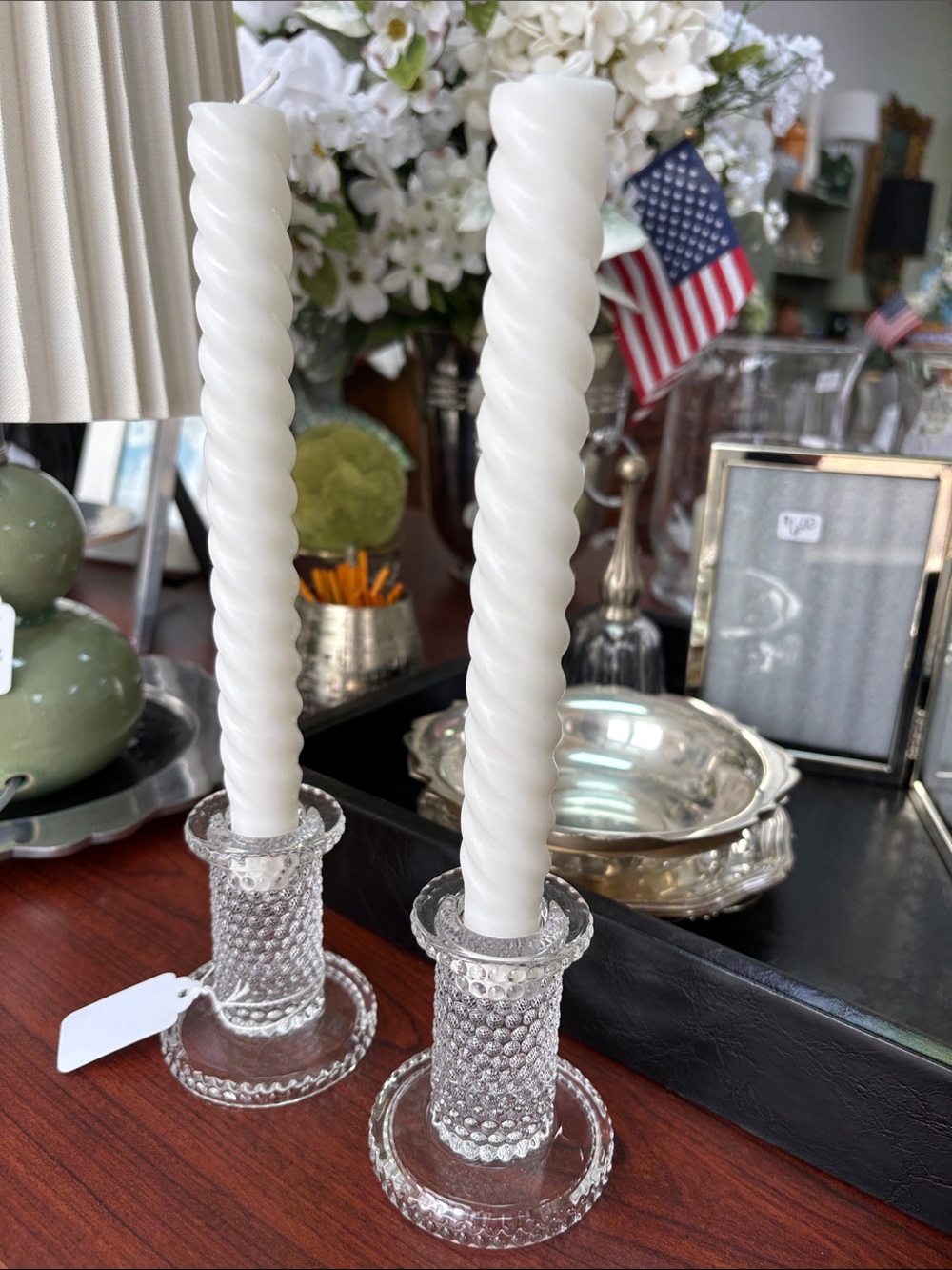 Clear Hobnail Glass Candle Holders - Set of 2